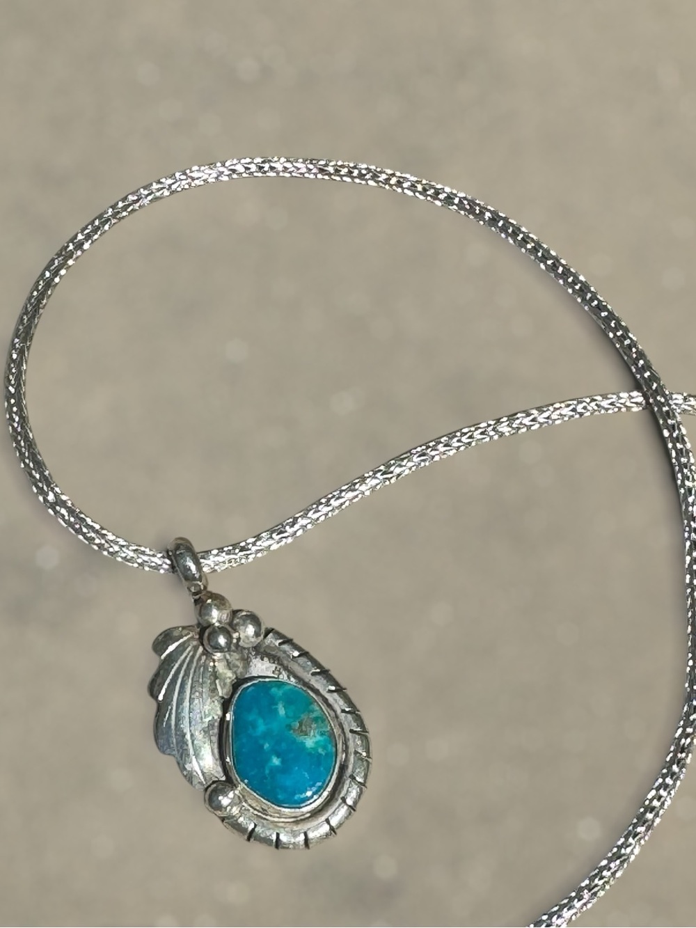 Vintage Sterling Silver Leaf Motif Turquoise Pendant Necklace -